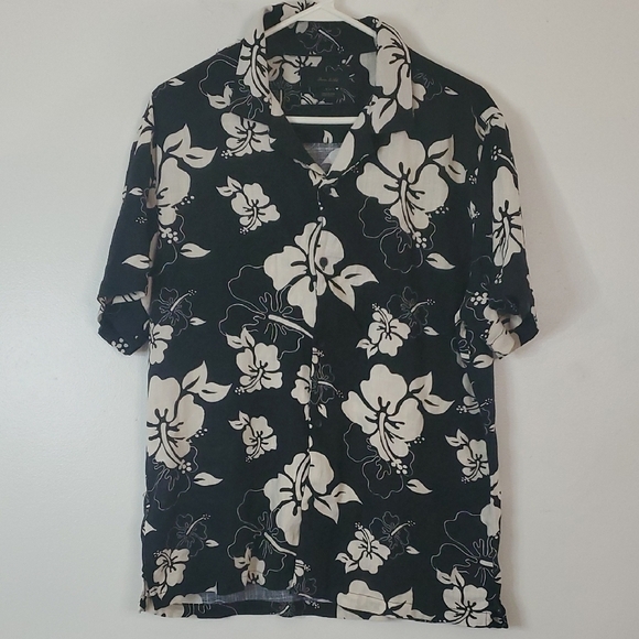 Porter & Ash Linen Floral Hawaiian Button Down Shirt Size Large Mens Black Ivory - Picture 1 of 10